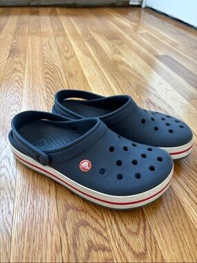 CROCS Classic Navy Blue Slip-On Clogs with Red & White Stripe